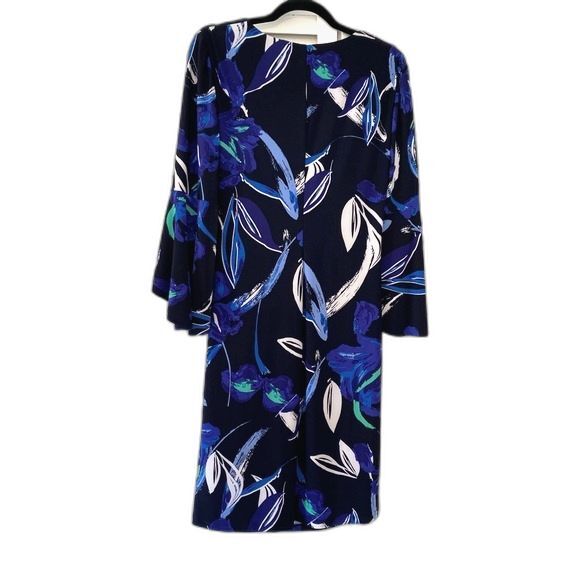 Lauren Ralph Lauren size 10 Blue Abstract Floral Bell Sleeve Faux Wrap Dress - Picture 12 of 14